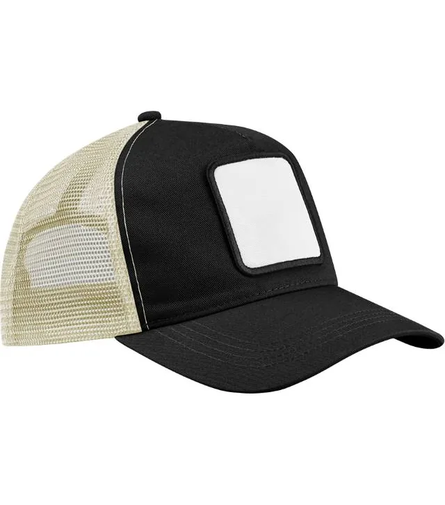 Beechfield B 636 – 5 panelová trucker kšiltovka s nášivkou, černá/kamenná