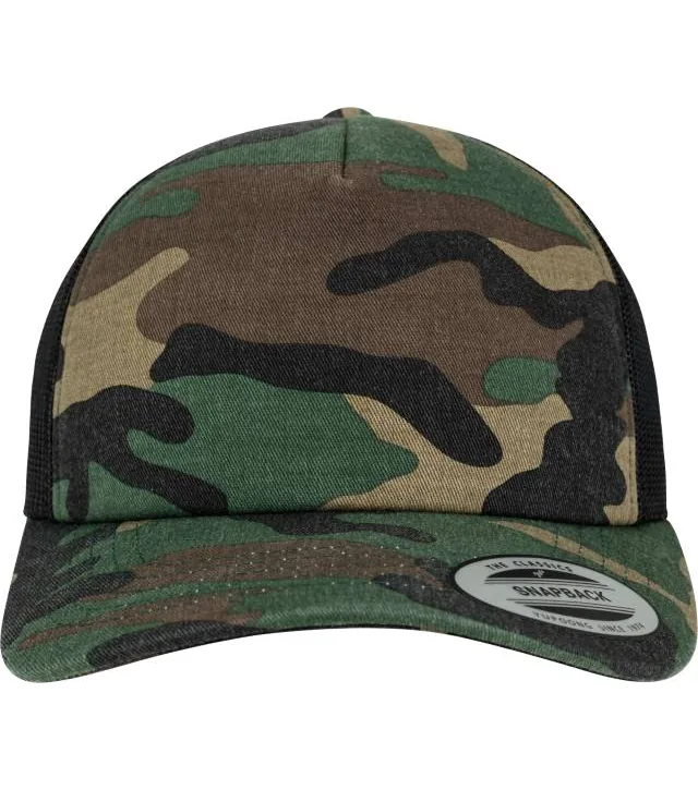 Flexfit 6606C/6606CA – 5 panelová Trucker kšiltovka "Camo", maskáčová/černá (wood camo/black)